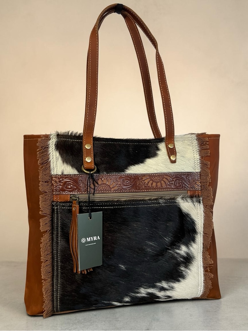 Myra Cowhide Tooled Leather Tote Bag Western Boho Floral Fringe Shoulder Bag - Picture 3 of 12